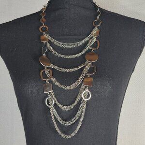 Chico's Vtg Sliver Tone Circle Square Chunky Layered Bib Statement 19" Necklace
